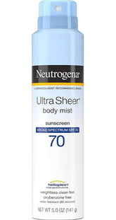 Neutrogena Ultra Sheer Body Mist Sunscreen Spray Broad Spectrum SPF 70, Lightweight, Non-Greasy & Water Resistant, Oil-Free & Non-Comedogenic UVA/UVB Sunscreen Mist, 5 oz