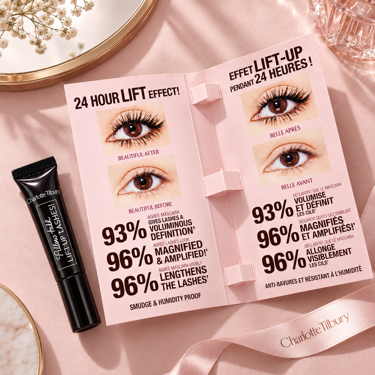 Charlotte Tilbury Pillow Talk Lift-Up Lashes Mascara flat lay with ribbon
